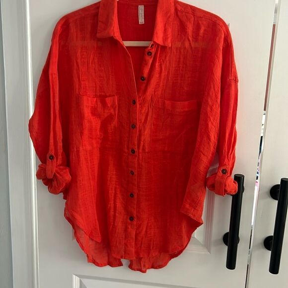 Free people orange cotton button front with open back oversized blouse size XS - Picture 1 of 8